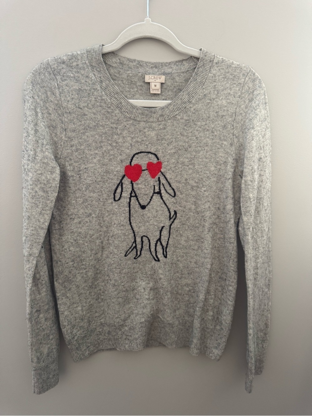 J.Crew Grey Sweater with Heart-Eyed Dog Motif
